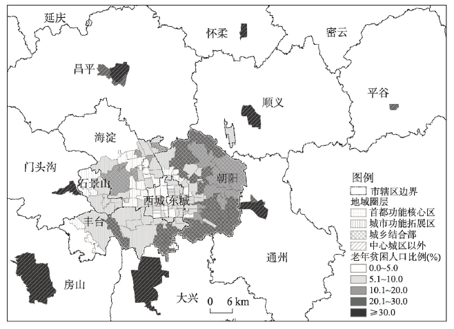 Distribution of the estimated ratio of poor urban older people in Beijing