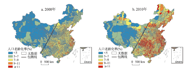 Distribution of population ageing of China at county level in 2000 and 2010