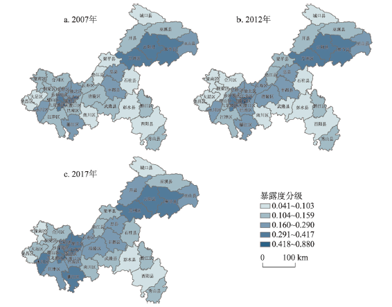 Spatial distribution of the exposure degree of rural production space system in Chongqing in 2007, 2012 and 2017