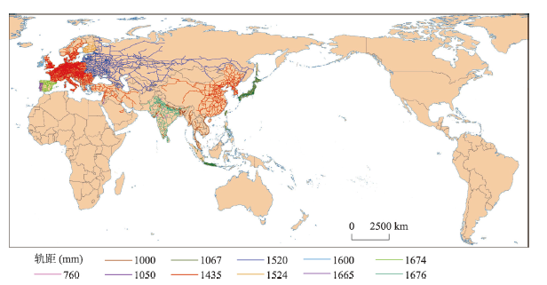 Spatial distribution of railways with different gauges in Eurasia