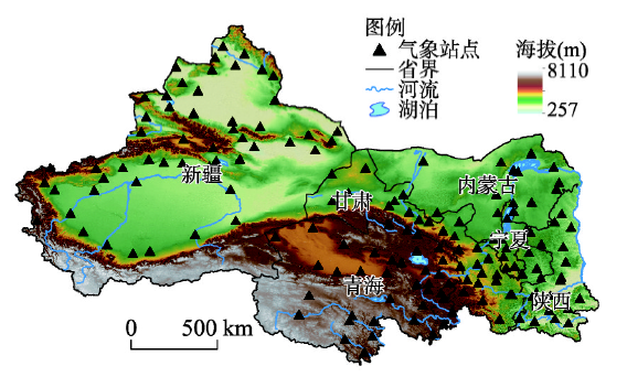 The location of Northwest China and the distribution of meteorological stations