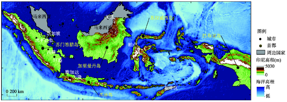 Map showing the study area (Indonesia) and topographical features of the land (i.e., islands) and surrounding sea area