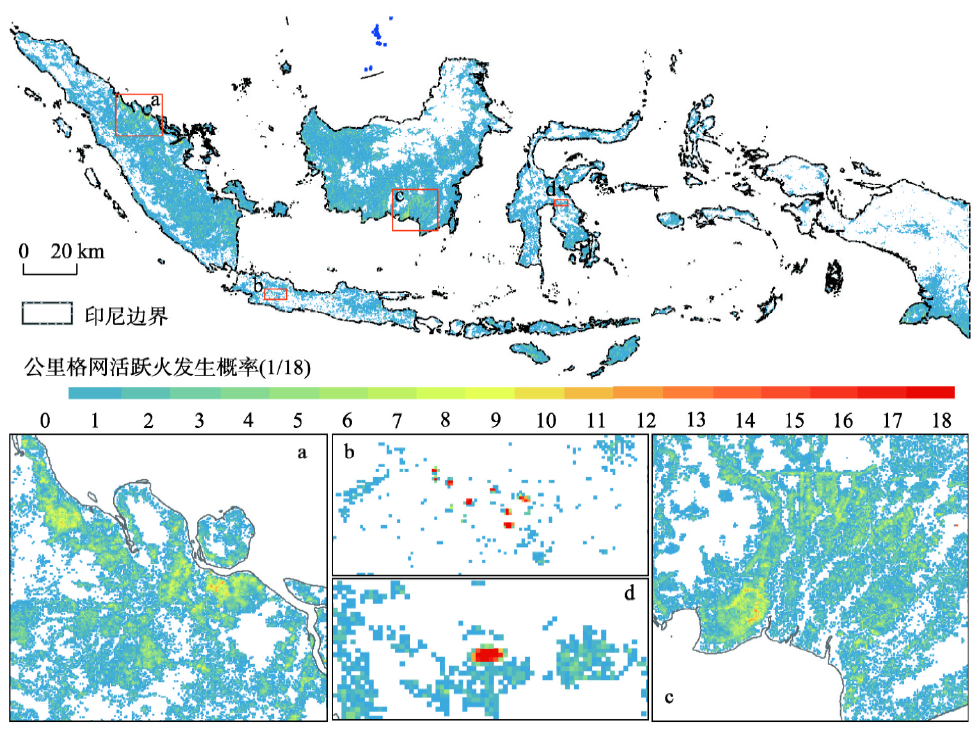 Spatial distribution of the cumulated occurrence probability of MODIS C6 active fire in Indonesia during 2001-2018