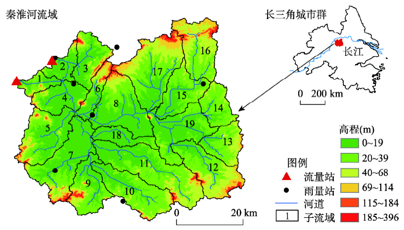 Location of Qinhuai river basin and distribution of sub-basins
