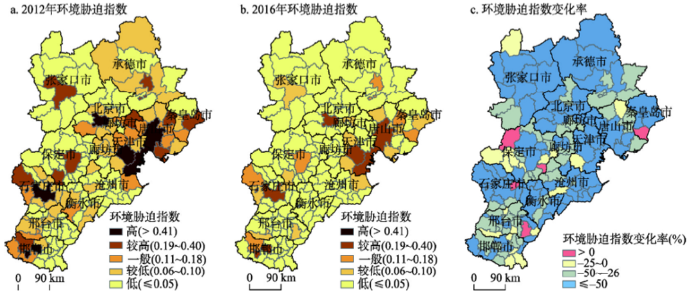 ESI and its spatial changes in Beijing-Tianjin-Hebei region in 2012 and 2016