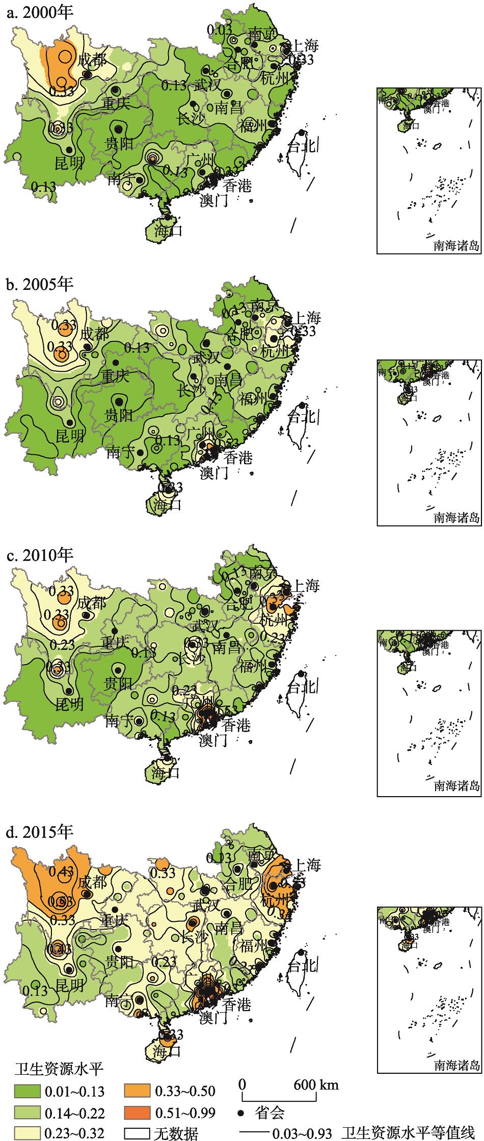 2000—2015年中国南方地区卫生资源水平的空间差异注：该图基于国家测绘地理信息局标准地图（审图号为GS（2019）1825号）绘制,底图无修改。Fig. 2