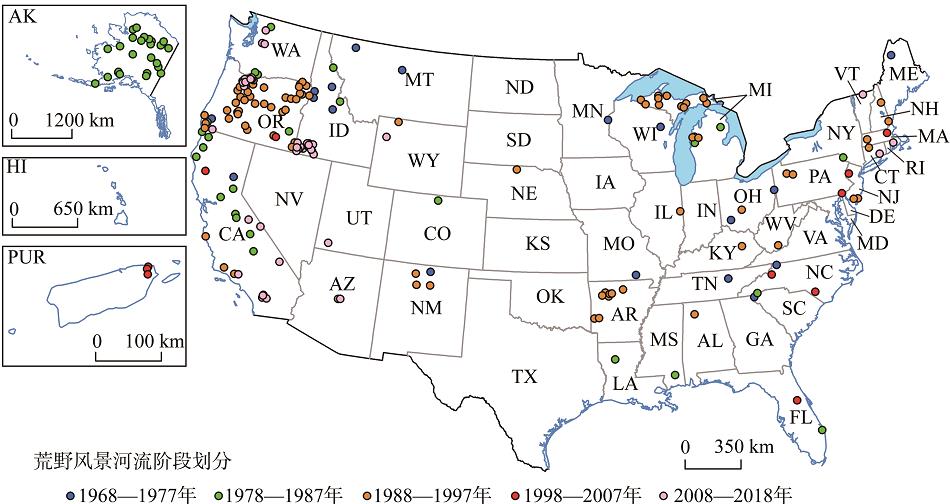 NWSR州尺度空间分布特征及阶段发展注：此图根据USGS官网（The National Map）绘制而成,底图无修改（图中州名缩写见表1）。Fig. 2