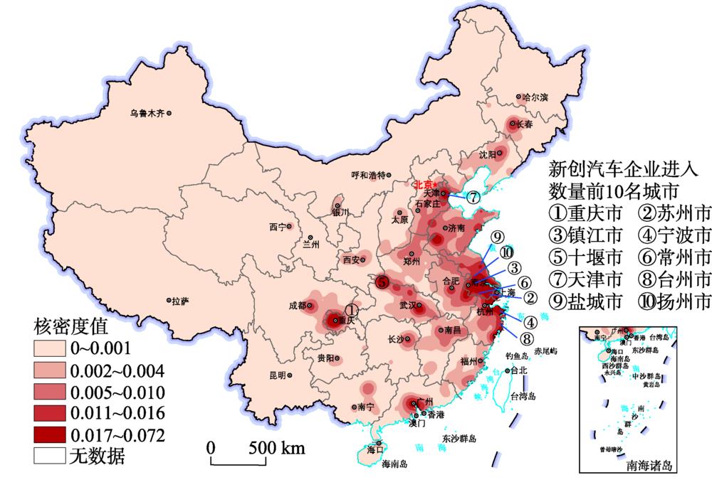 Kernel density analysis of automobile ventures in China based on firm numbers
