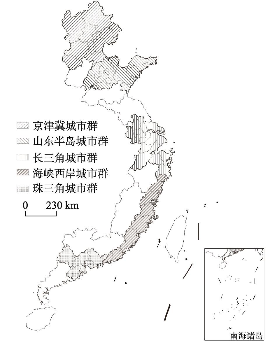 东部沿海五大城市群59个城市空间示意图注：基于国家测绘地理信息局标准地图服务系统的标准底图（审图号：GS(2016)1569号）制作,底图无修改。Fig. 1