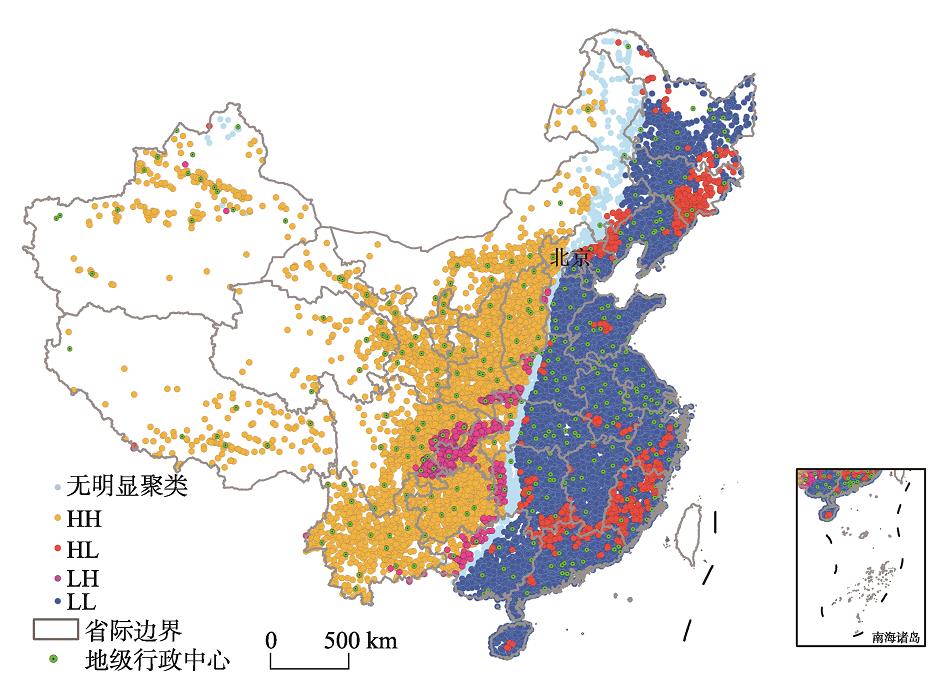 中国小城镇高程局部自相关分析注：该图基于国家自然资源部标准地图服务系统的标准地图（审图号：GS(2019)1827号）绘制,底图无修改。Fig. 2