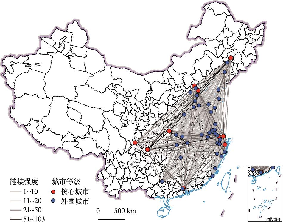 基于汽车产业供应链体系的中国城市网络拓扑结构注：本图基于自然资源部标准地图服务网站下载的审图号为GS(2019)1823号的标准地图制作,底图无修改。Fig. 2