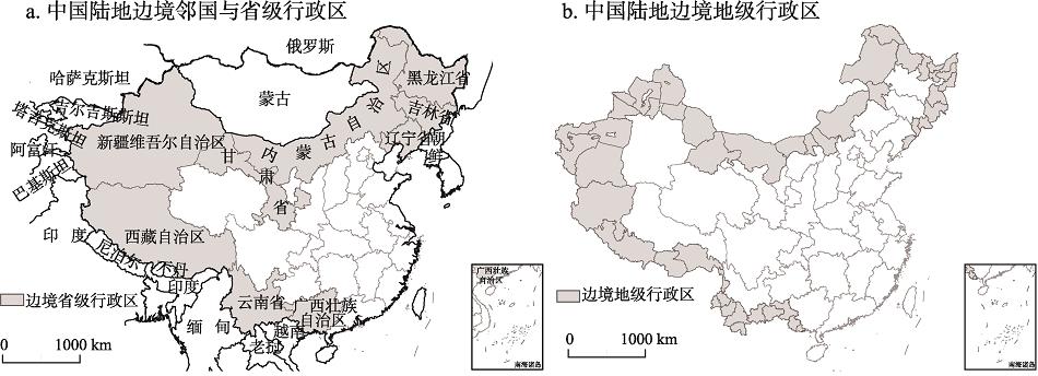 中国陆地边境邻国、省级行政区和地级行政区注：此图根据国家测绘地理信息局标准地图（审图号：GS(2019)1826号）绘制,底图无修改。Fig. 1
