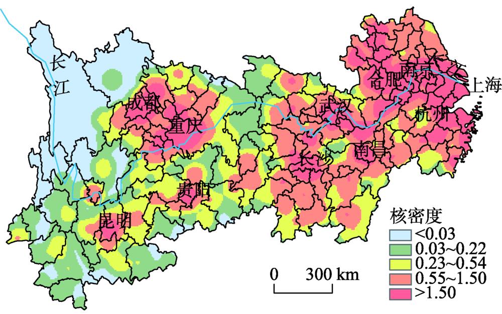 2017年长江经济带开发区产业的核密度分布注：该图基于国家测绘地理信息局标准地图（审图号：GS（2016）1612）绘制,底图无修改。Fig. 1