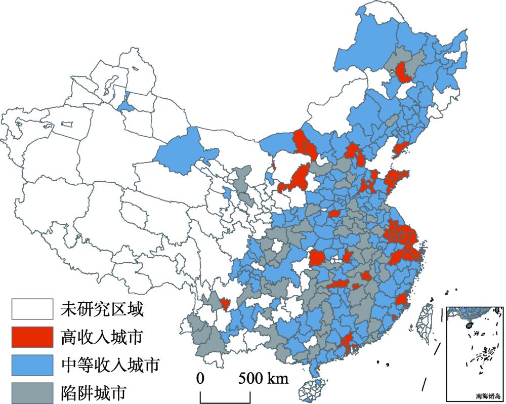 中国不同收入水平城市的空间分布图注：该图基于国家测绘地理信息局标准地图服务系统的标准底图（审图号：GS(2019)1831号）制作,底图无修改。Fig. 1