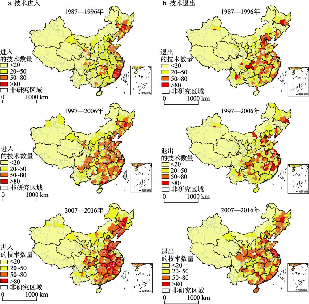 1987—2016年中国城市技术进入和退出空间格局注：基于国家测绘地理信息局标准地图服务系统的标准底图（审图号：GS(2019)1823号）制作,底图无修改。Fig. 1