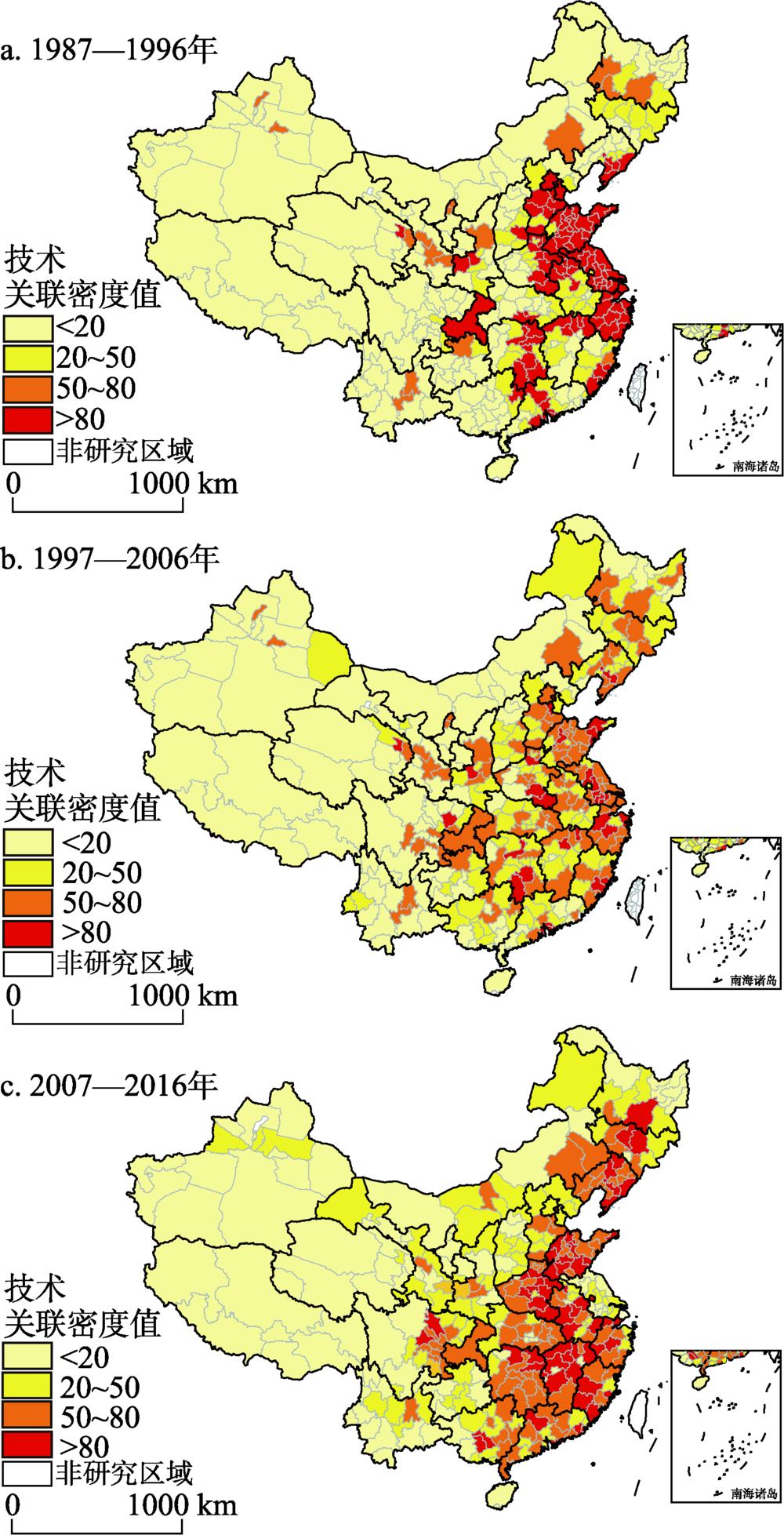 1987—2016年中国城市技术关联性的空间格局注：基于国家测绘地理信息局标准地图服务系统的标准底图（审图号：GS(2019)1823号）制作,底图无修改。Fig. 2