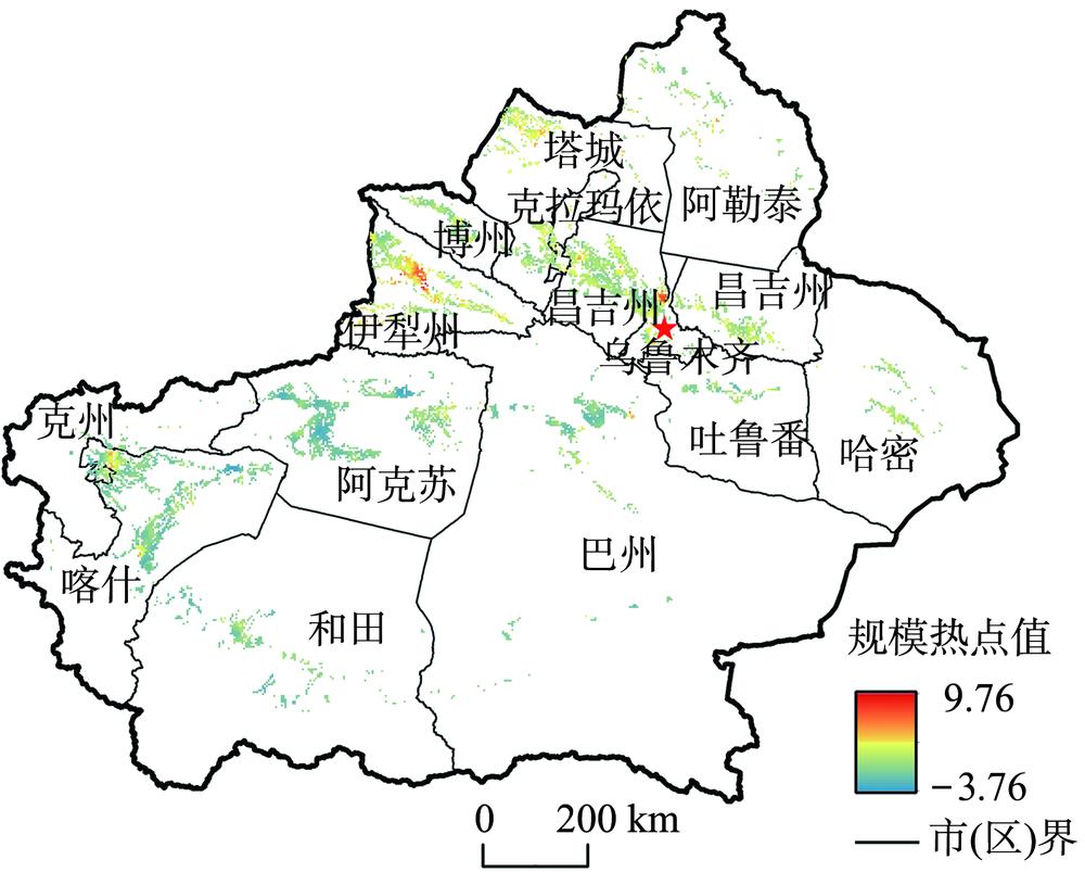 新疆绿洲乡村聚落规模空间分布特征注：此图基于国家测绘地理信息局标准地图（审图号：GS(2019)1825号）绘制,底图无修改。Fig. 2