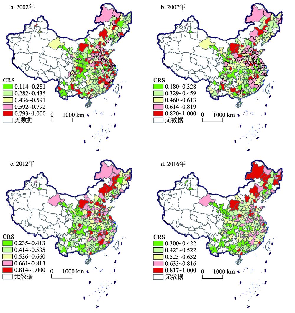 2002—2016年中国地级市投入产出综合效率注：此图基于国家自然资源部标准地图服务系统（审图号：GS(2019)1697号）绘制,底图无修改。Fig. 1