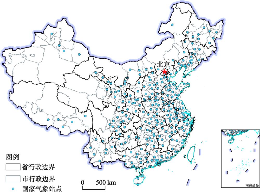 Distribution of main cities and national meteorological stations in China