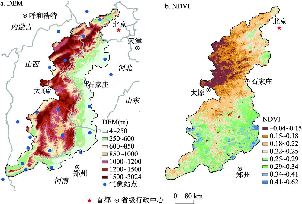 Location, DEM, NDVI and meteorological stations of Taihang Mountains