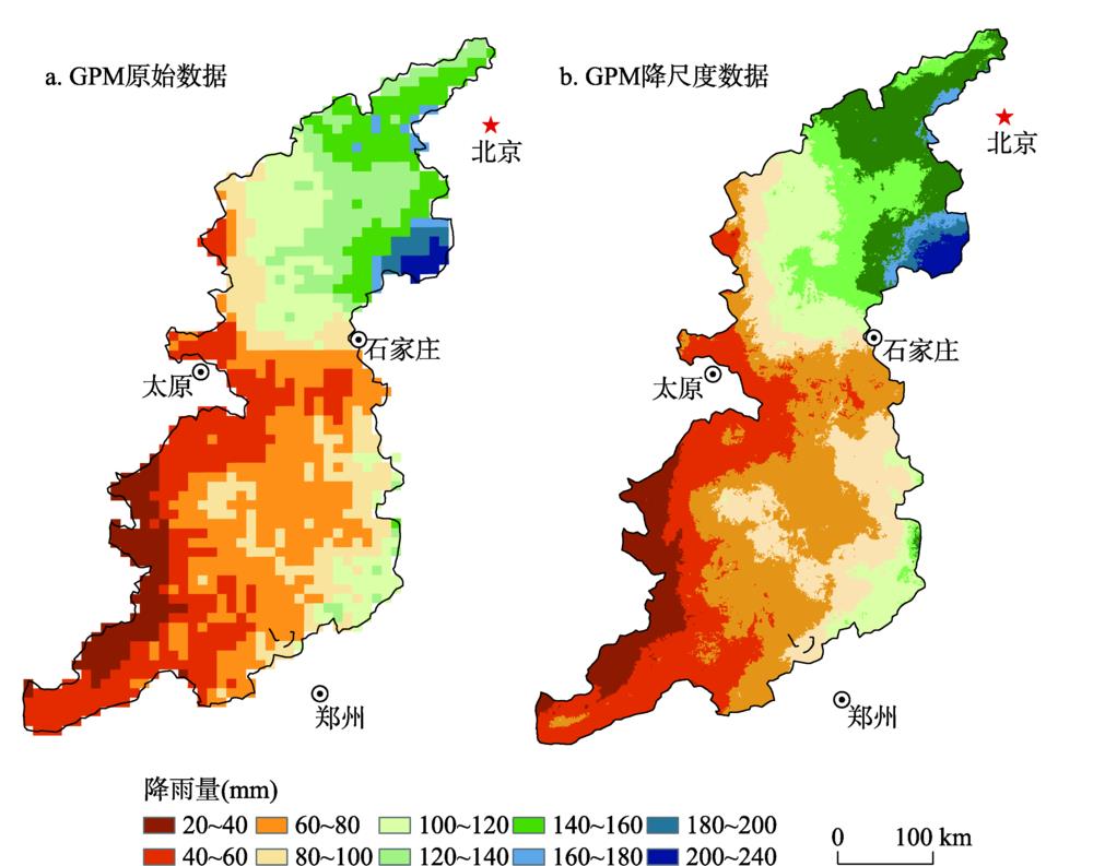 Spatial pattern of monthly original GPM data and downscaled GPM data in July 2015