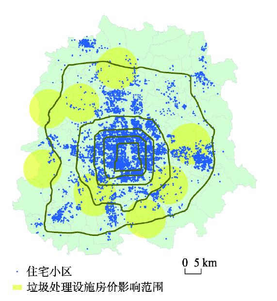 Spatial range of influence of housing price of garbage disposal facility in the study area