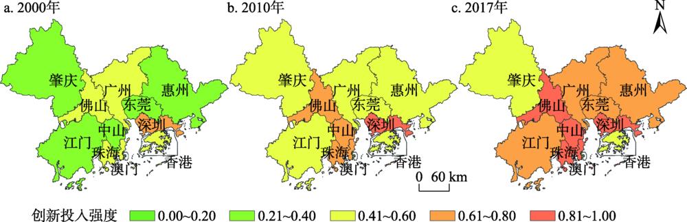 Innovation input intensity values of cities in the Guangdong-Hong Kong-Macau Greater Bay Area from 2000 to 2017