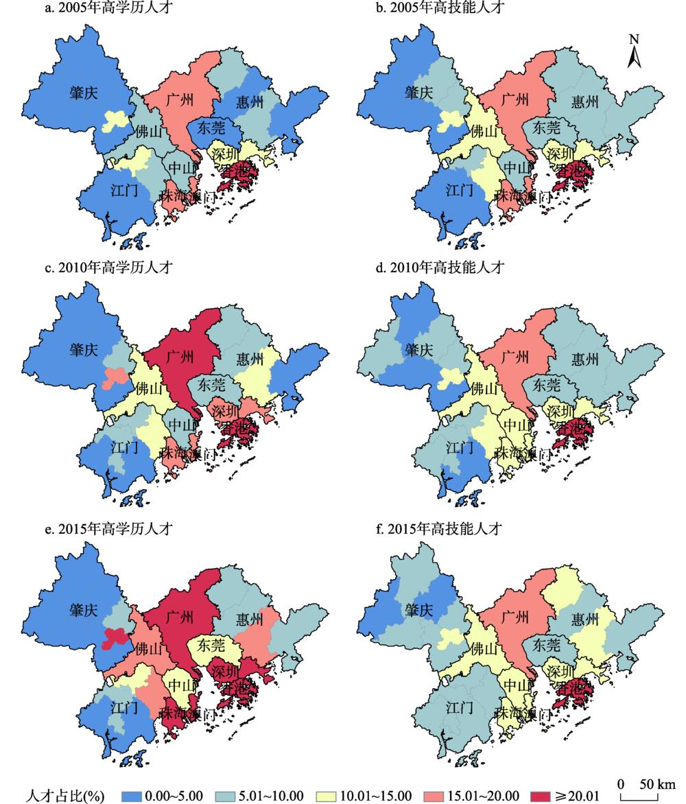 Spatial distribution of the share of talents in the Guangdong-Hong Kong-Macao Greater Bay Area from 2005 to 2015