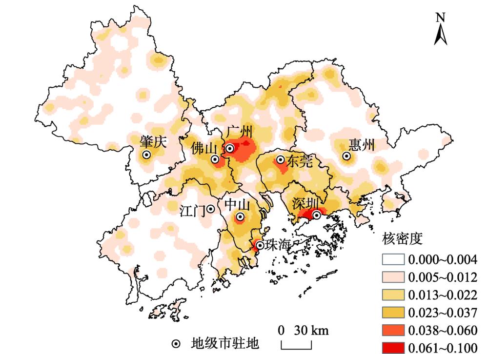 Kernel density of ecological recreation space in the Pearl River Delta urban agglomeration