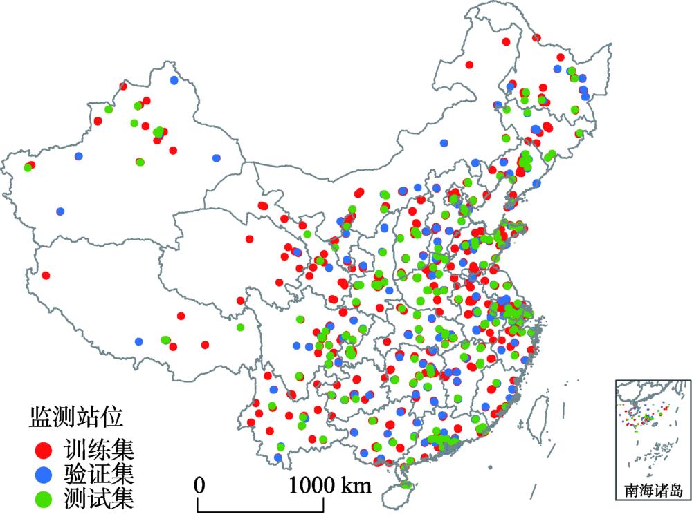 Spatial distribution of the PM2.5 monitoring stations of China in 2017 and the spatial partitions of the training, validation, and testing datasets
