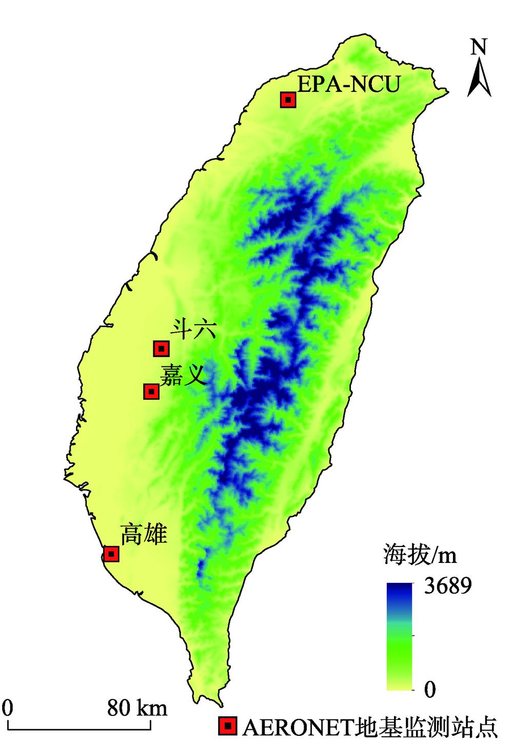 AERONET Sites distribution and altitude of Taiwan island
