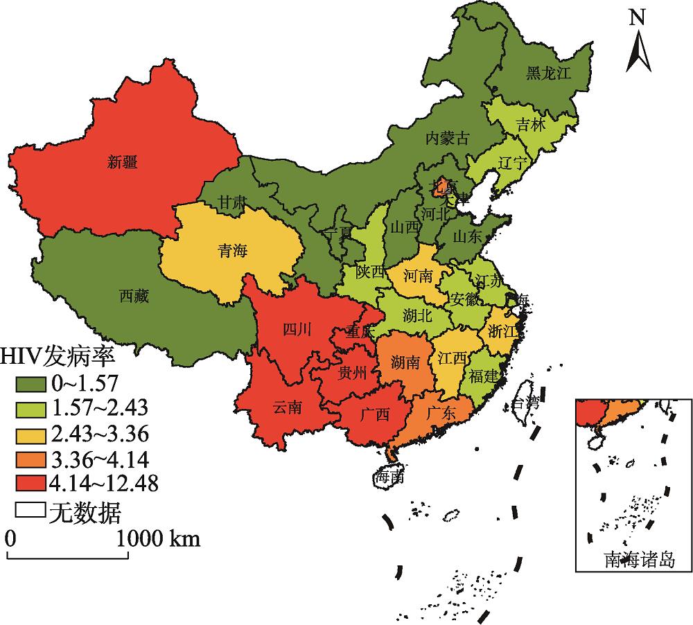 The spatial distribution of AIDS incidence rate in China in 2016