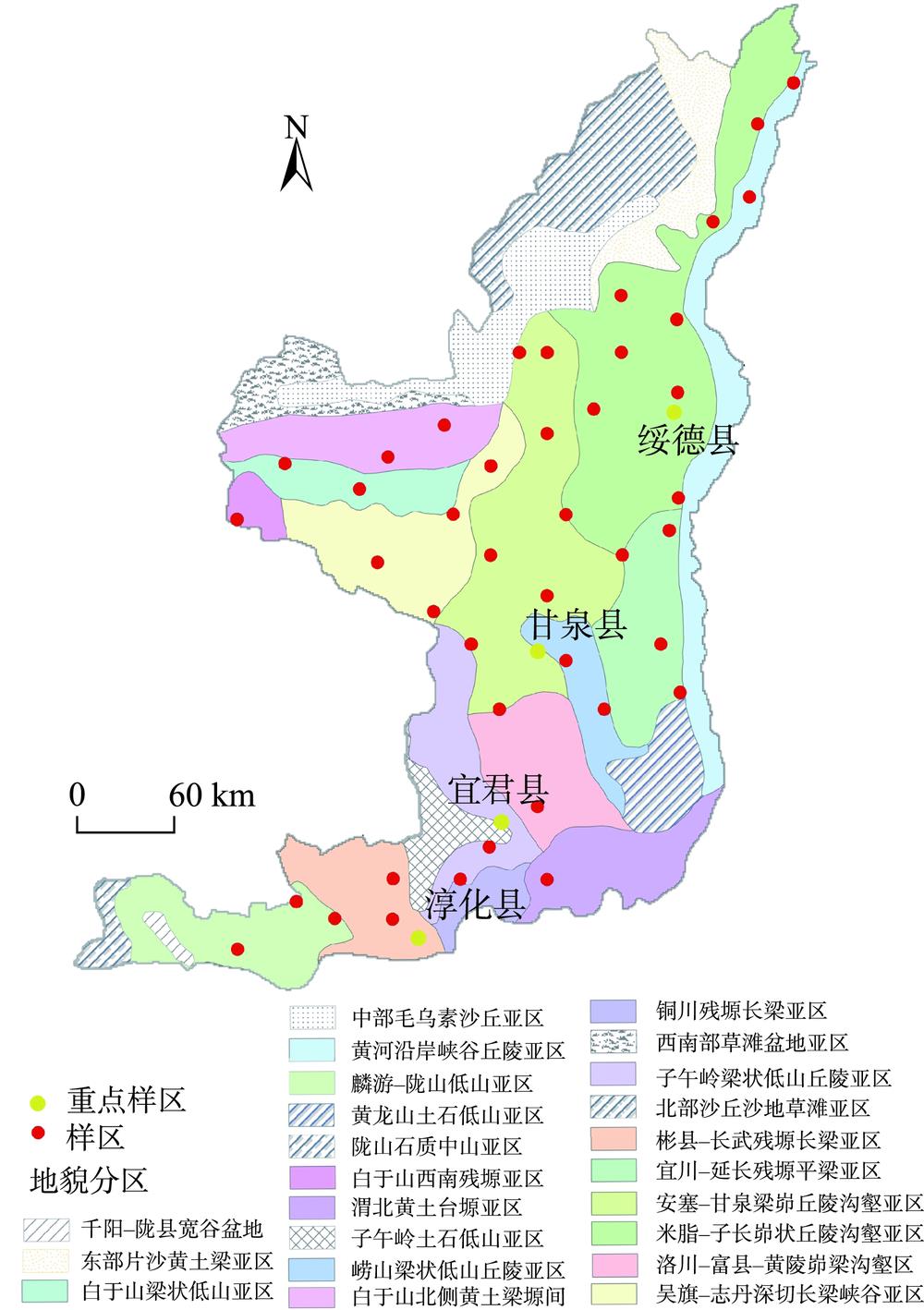 Location of 42 study areas in the Loess Plateau of northern Shaanxi