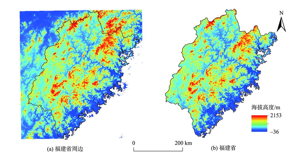 DEM spatial distribution map with a resolution of 90 m×90 m in Fujian province and surrounding areas in 2000