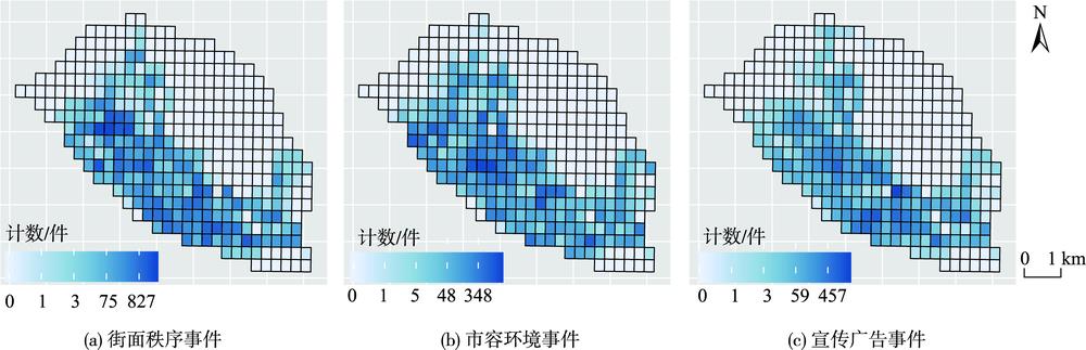 Spatial distribution of urban management event number in the study area