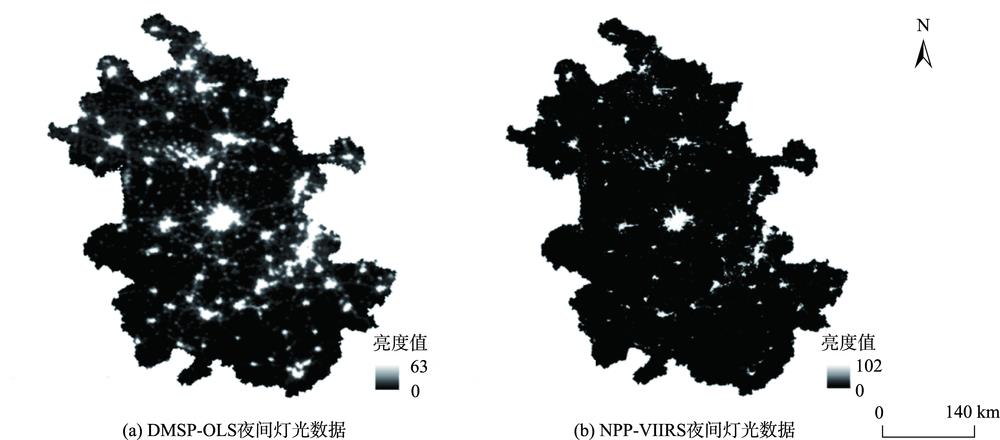 DMSP-OLS nighttime light data in 2013(a) and NPP-VIIRS nighttime light data in December 2013(b) of Anhui Province