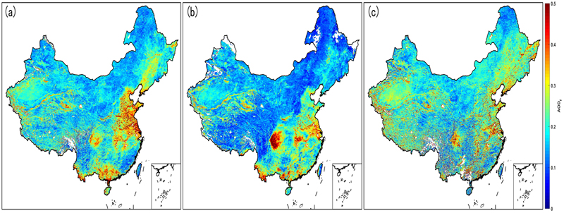 Spatial distribution of monthly averaged AODf over land in China. (a) March; (b) April; (c) May