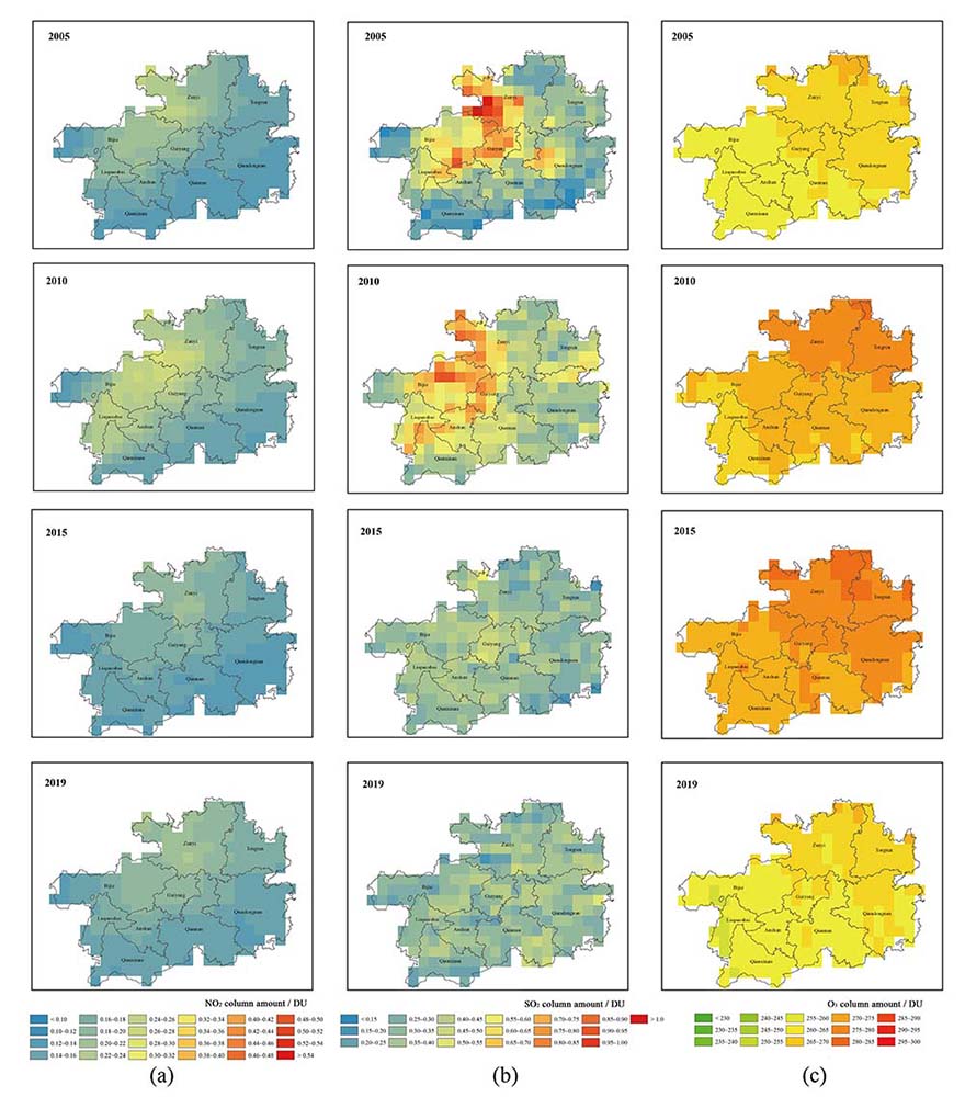 Annual distribution characteristics of NO2 (a), SO2 (b), O3 (c) column amount based on OMI in Guizhou, China, in 2005, 2010, 2015 and 2019