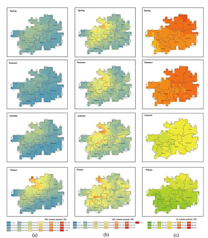 Seasonal distribution characteristics of NO2 (a), SO2 (b), O3 (c) column amount based on OMI in Guizhou, China