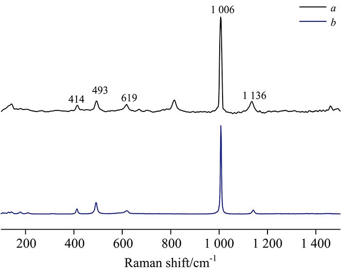 Raman spectra of the white priming coat material(sample 1#) (a) and gypsum (b)