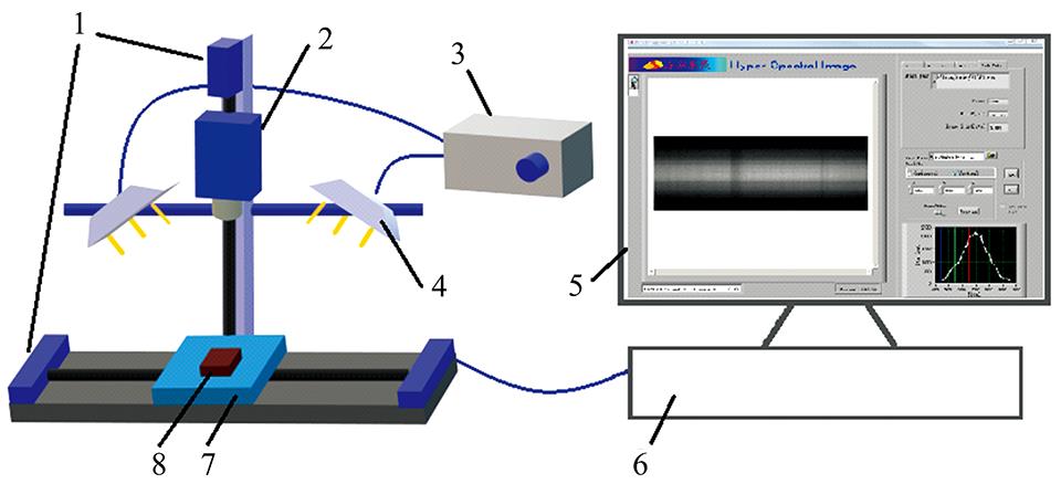Hyperspectral imaging system1: Stepper motor; 2: CCD camera; 3: Light source system; 4: Optical fiber halogen lamp; 5: Computer; 6: Three-axis precision electronically controlled traslation stage; 7: Object stage; 8: Sampe