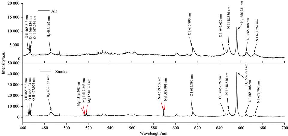 Characteristic spectrum of air and straw smoke at bands of 460~700 nm
