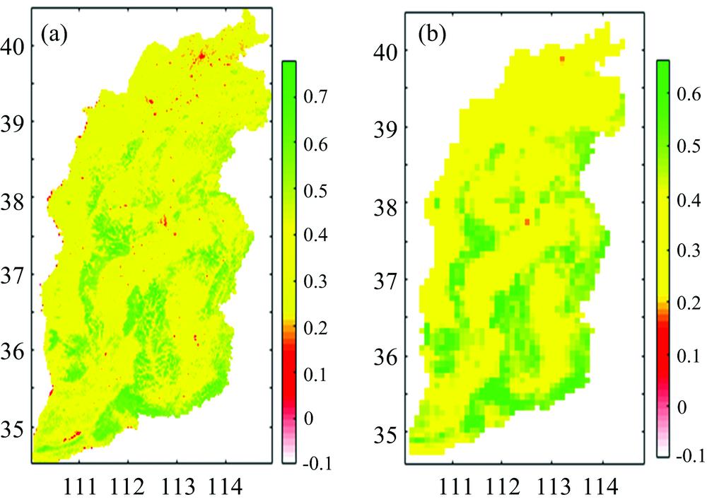 Average yearly NDVI of Shanxi province from 2001 to 2014(a): MODIS NDVI; (b): AVHRR NDVI