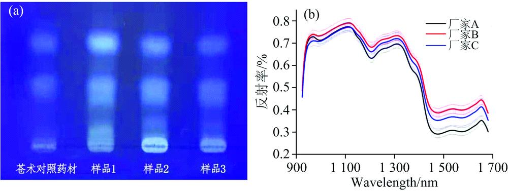 (a)The TLC result and (b) average hyperspectral of Atractylodes Lancea granulesSample 1, 2, and 3 were manufactured from Huarun Sanjiu, Jiangyin Tianjiang, and Zhejiang Huisong respectively