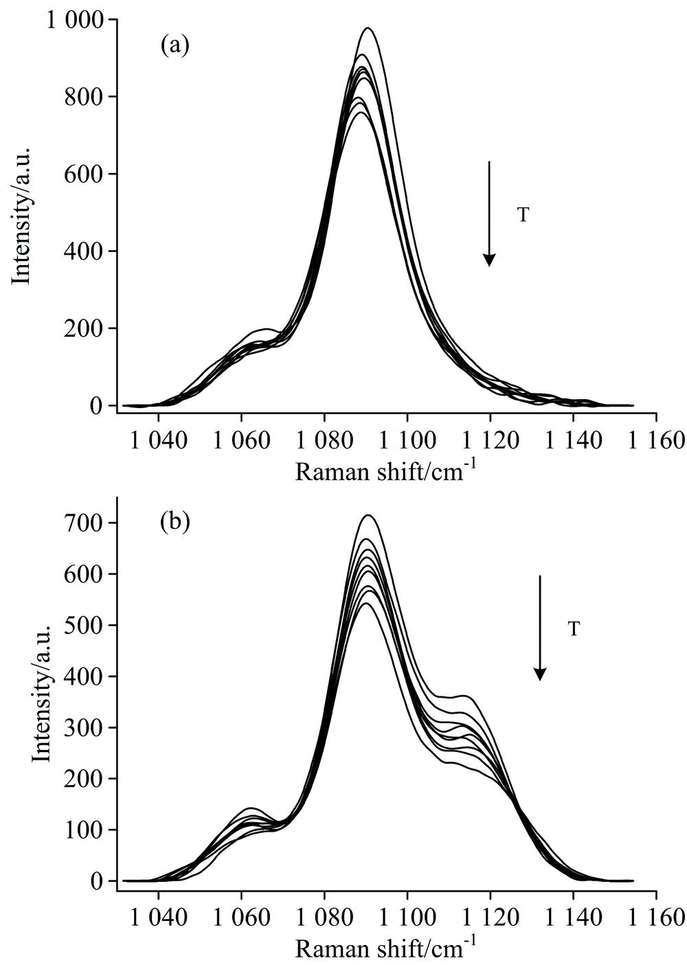 Raman spectra of C—N in pure DMF (a) and 0.84 mol·L-1 CuCl2/DMF (b) at different temperatures