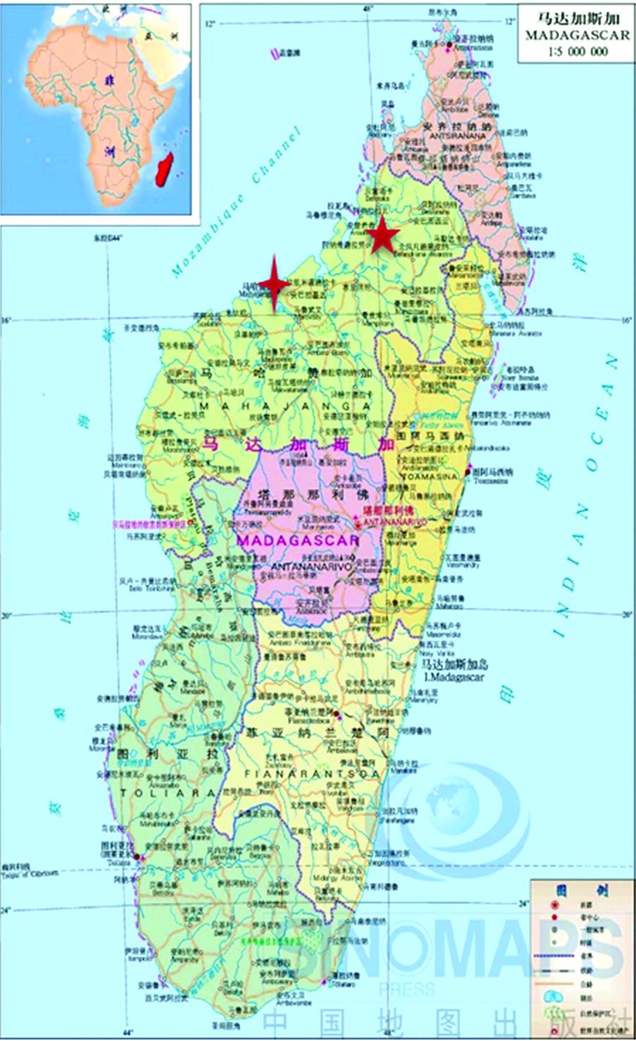 A map of MadagascarMahajanga and Antsohihy are labelled by quadrangular star and pentagram respectively