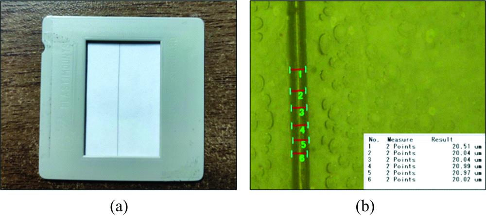(a) An iron wire stick on a paper by scotch tape used to measure the confocal volume; (b) Zoomed image of the iron wire captured by a digital microscope