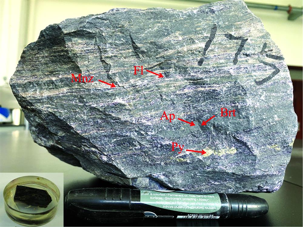 Sample of banded fluorite type of Bayan Obo MineMnz: Monazite; Fl: Fluorite; Ap: Apatite; Brt: Barite; Py: Pyrite