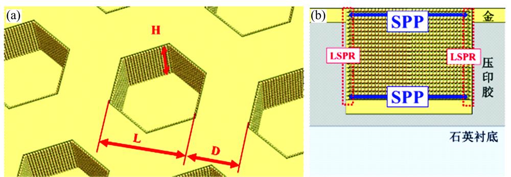 (a) 3D isometric view of hexagonal nanopore/Au particle models (L=300 nm, D=200 nm, H=300 nm); (b) Schematic illustration (section view) of LSPR and SPP effects existing in each unit cell