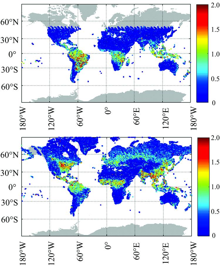 Global grid of monthly mean plant chlorophyll fluorescence of January 2019 (a) and July 2019 (b)